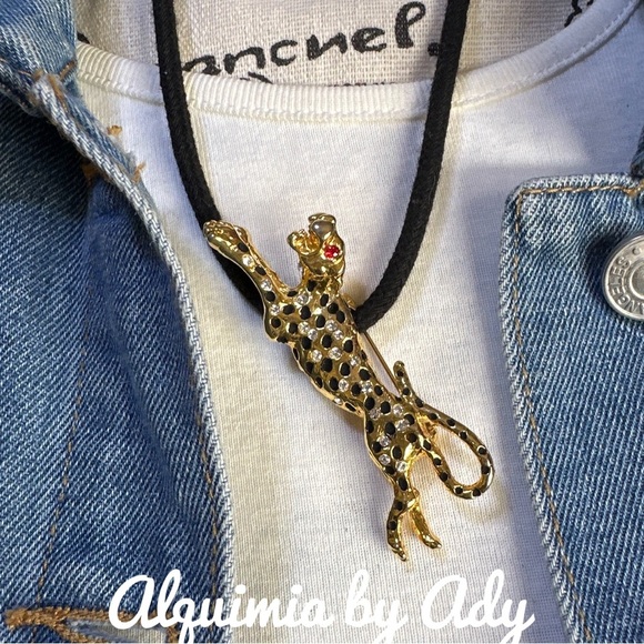 LUXURY GOLD PANTHER BROOCH STATEMENT PENDANT NECKLACE - Picture 4 of 5